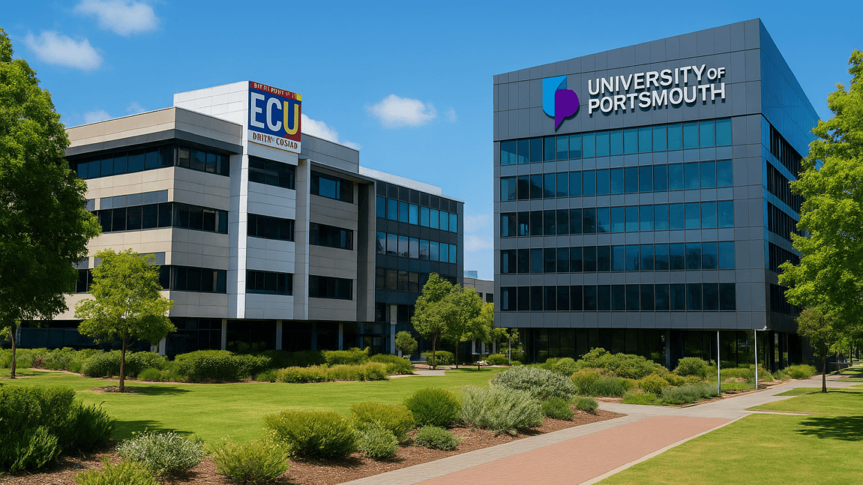 Edith Cowan University and University of Portsmouth modern campus buildings with green lawns and clear blue sky