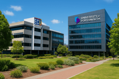 Edith Cowan University and University of Portsmouth modern campus buildings with green lawns and clear blue sky