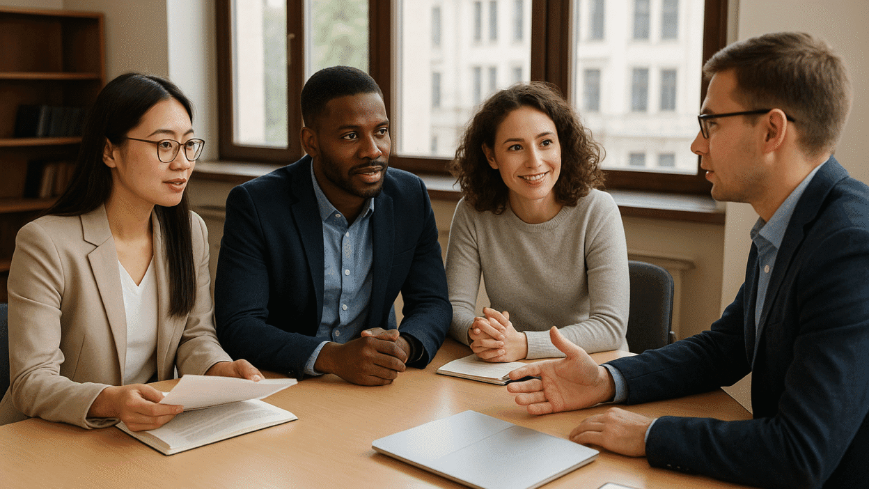 A group of four diverse young professionals in formal attire discussing academic research around a wooden table in a bright university meeting room with large windows.