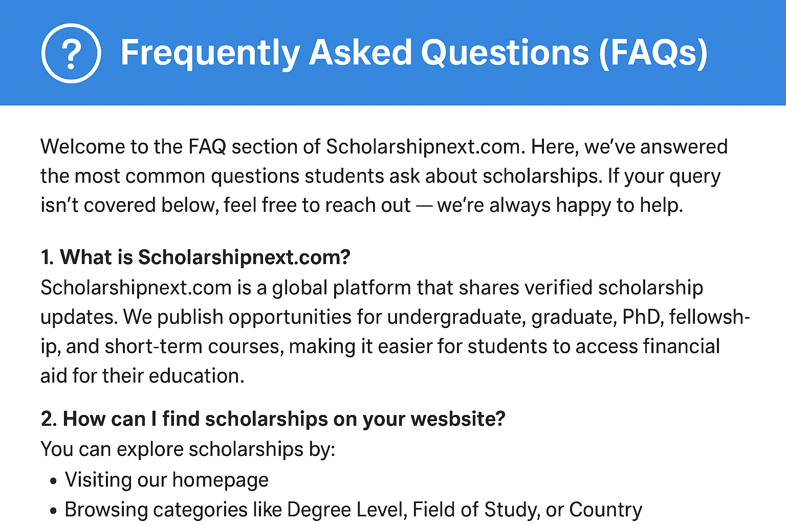 FAQ section of Scholarshipnext.com with a blue header, question mark icon, and text explaining common scholarship questions and answers.