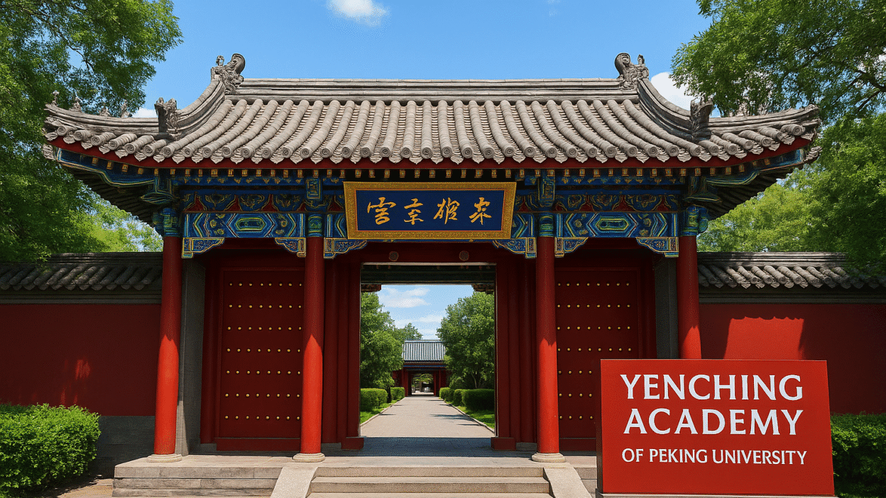 Traditional Chinese gate at Yenching Academy, Peking University, Beijing, surrounded by greenery on a bright day.