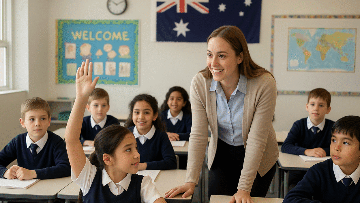 Teacher assisting diverse students in an Australian classroom with a girl raising her hand.