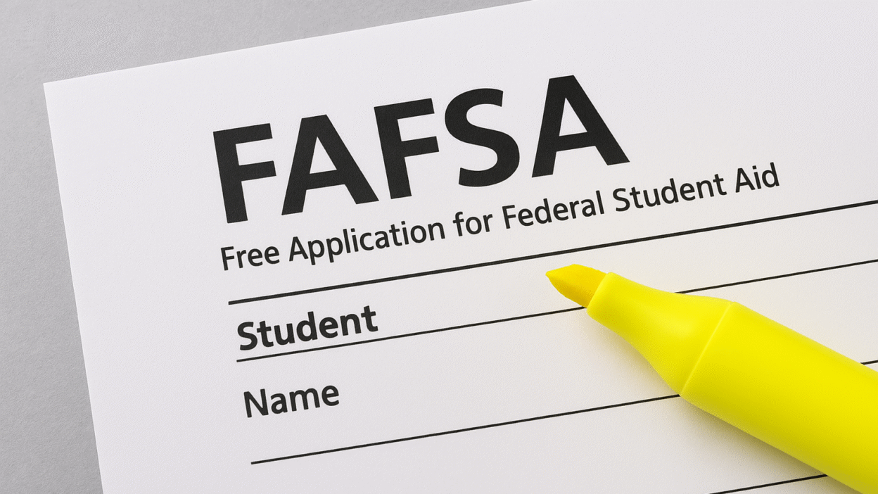 Student filling out FAFSA 2025 form online with documents on desk