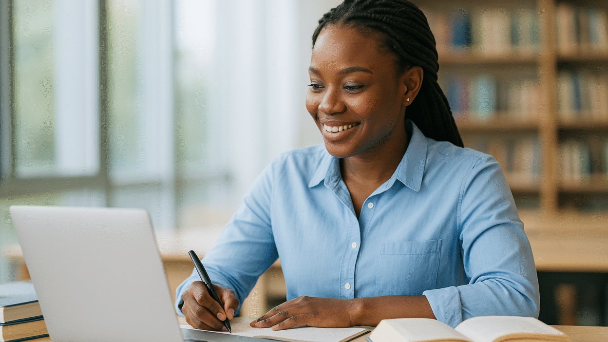 A student studying on a laptop in a modern library, representing international applicants preparing for SI Scholarships and fully funded master’s programs in Sweden.