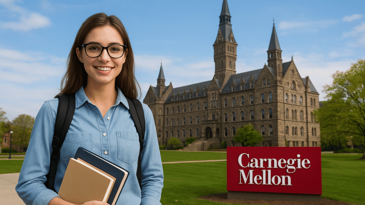 Smiling international student standing at Carnegie Mellon University campus in front of historic building, holding books and backpack.
