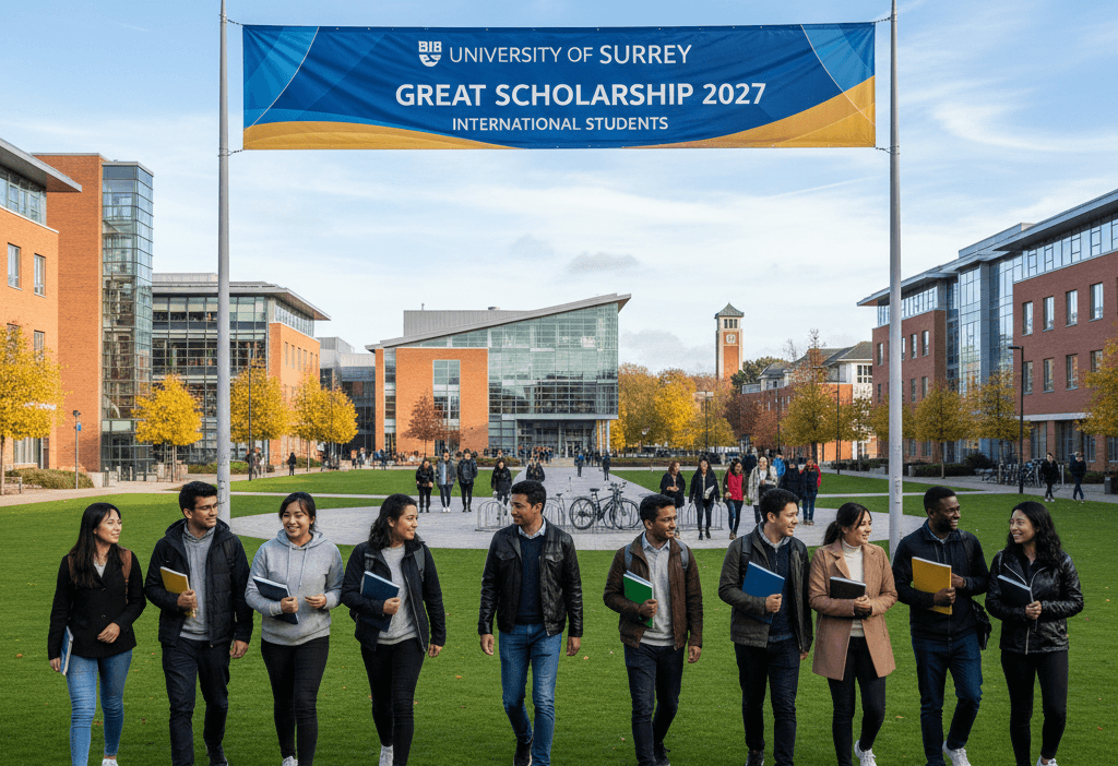 University of Surrey campus with international students benefiting from GREAT Scholarship 2027