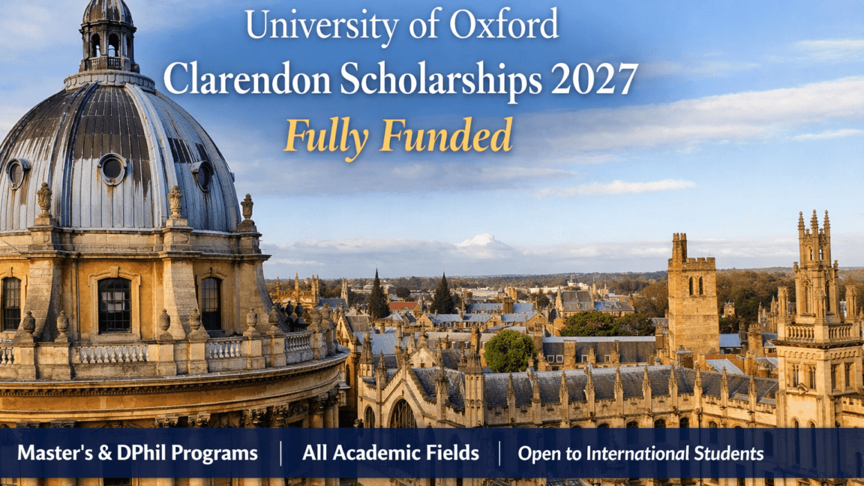 University of Oxford Clarendon Scholarships 2027 banner showing historic Radcliffe Camera and Oxford skyline.