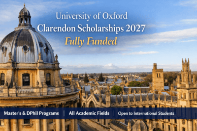 University of Oxford Clarendon Scholarships 2027 banner showing historic Radcliffe Camera and Oxford skyline.