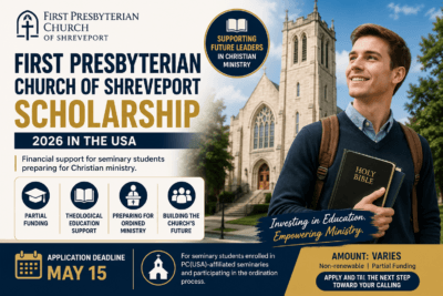 A promotional banner for the First Presbyterian Church of Shreveport Scholarship 2026 featuring a seminary student holding a Bible in front of a church, highlighting partial funding for theology and Christian ministry studies in the USA.