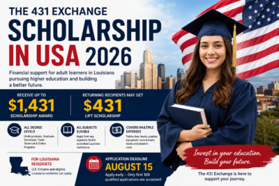 A promotional banner for The 431 Exchange Scholarship USA 2026 featuring a smiling graduate in a cap and gown, an American flag, and key scholarship details including funding up to $1,431, eligibility, and the August 15 application deadline.