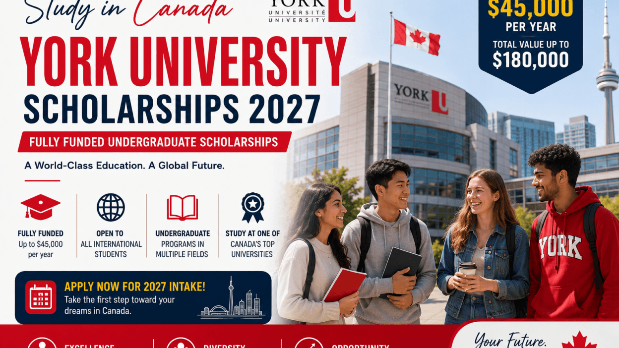 Students standing on the York University campus promoting the York University Scholarships 2027 in Canada, highlighting fully funded undergraduate scholarships worth up to $45,000 per year for international students.